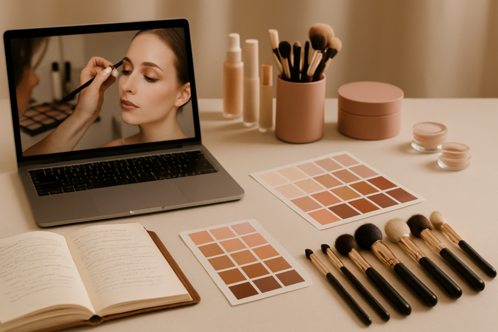 Professional makeup artist review setup with laptop showing a masterclass, color charts and brushes