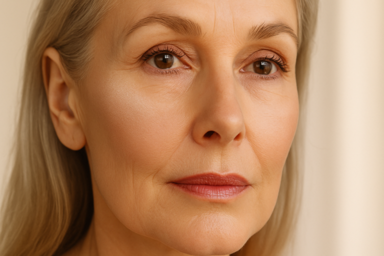 Confident woman in her 50s with elegant minimal makeup on a cream background