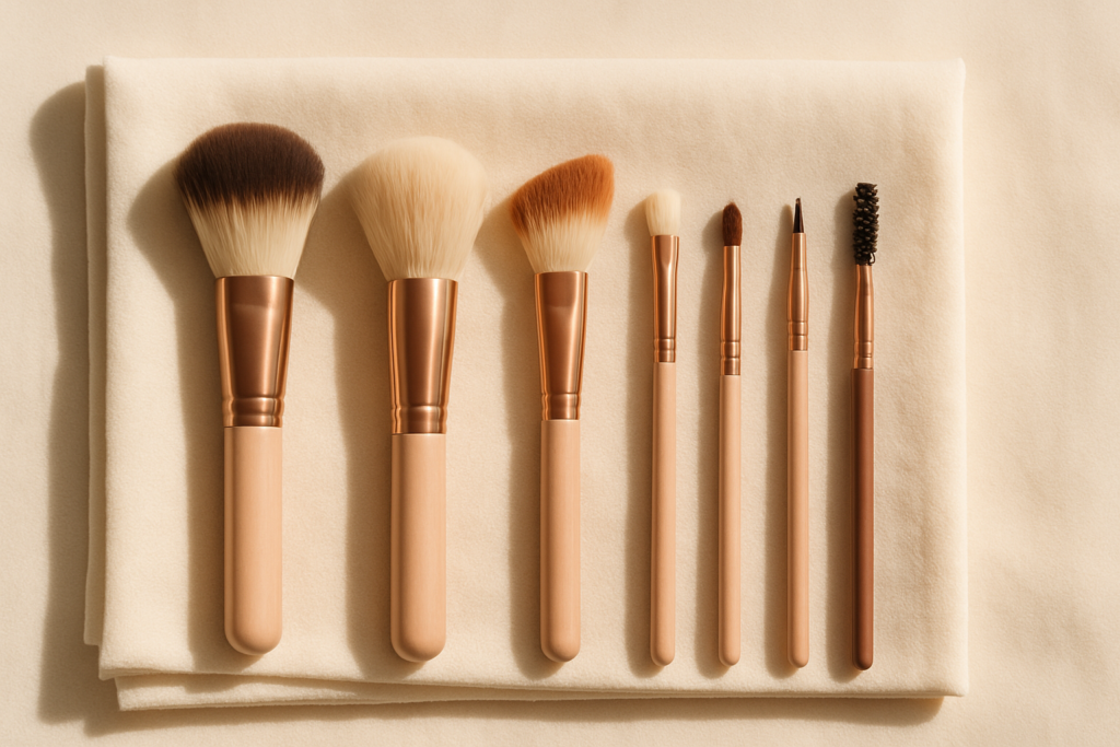 Seven premium makeup brushes arranged on blush marble