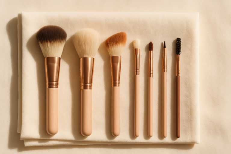 Seven premium makeup brushes arranged on blush marble