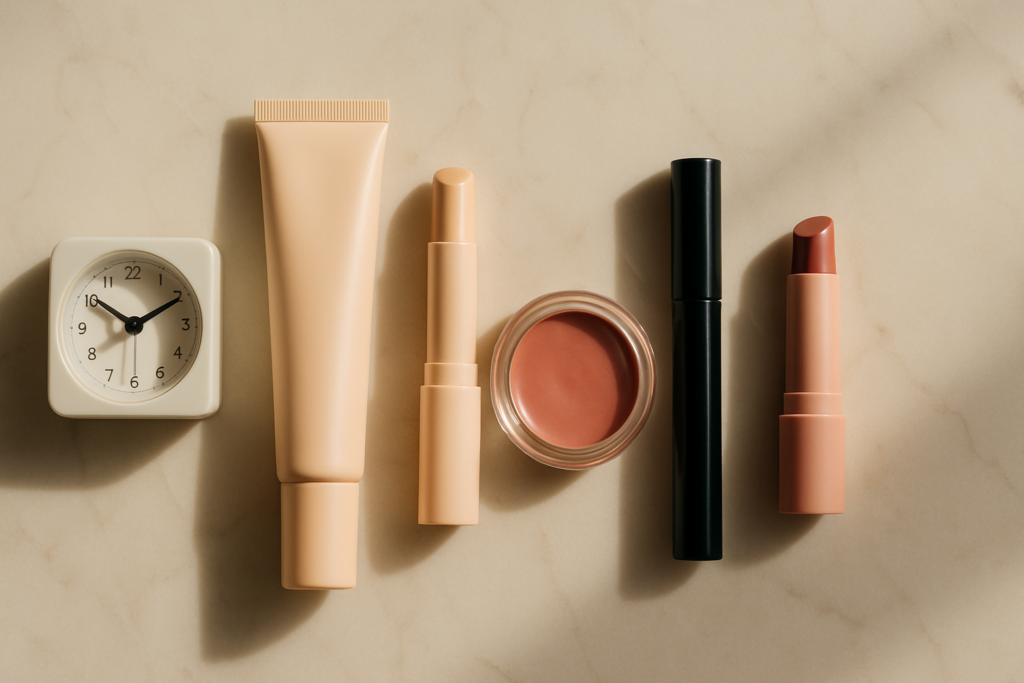 Essential makeup products on a white marble counter beside a small clock
