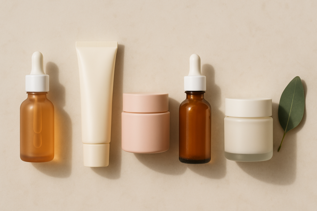 Premium anti-aging skincare bottles and a eucalyptus leaf on pale stone