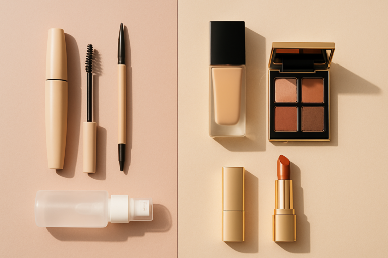 Drugstore makeup on the left, luxury makeup on the right, balanced flatlay