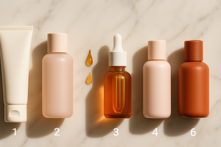 Skincare bottles arranged in order with droplets of serum on marble