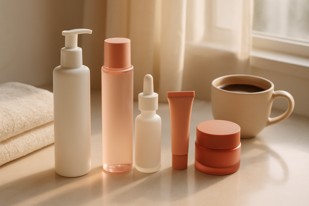 Skincare bottles by a sunny window with a folded towel and coffee
