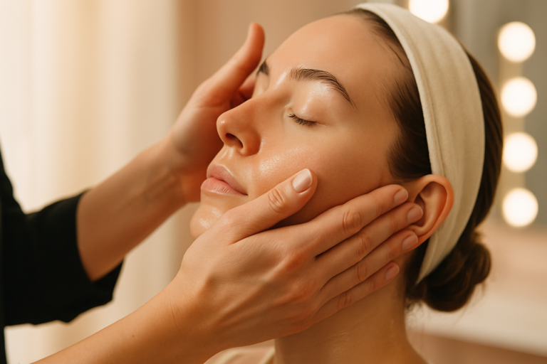Woman pressing a cotton pad to a luminous fresh bare face