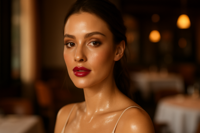 Glamorous portrait with soft smoky eye and deep red lipstick in warm rim light