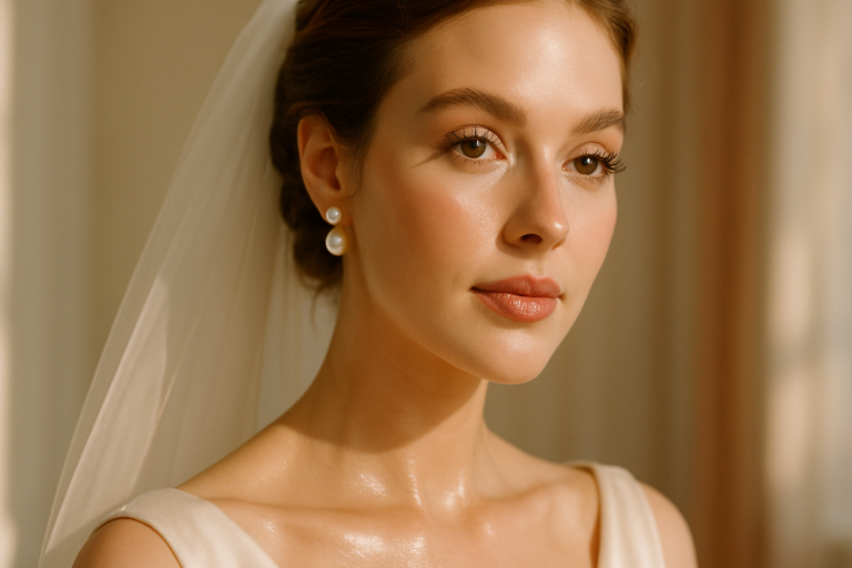 Elegant beauty portrait with classic wedding-guest makeup, dewy skin and pearl earring