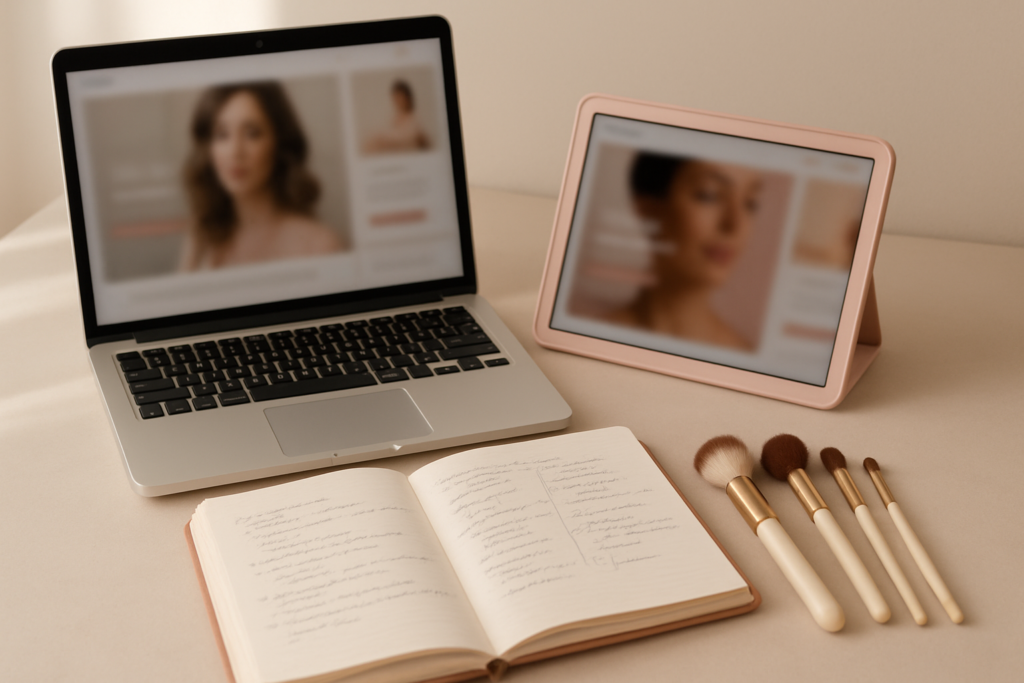 Workspace flatlay with laptop showing a beauty tutorial, brushes and notebook