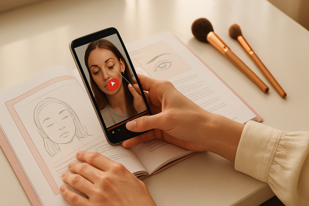Woman watching a beauty tutorial on a tablet at her vanity