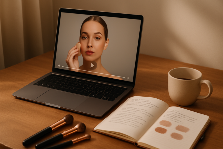 Open laptop with a beauty masterclass on screen beside study notes and brushes
